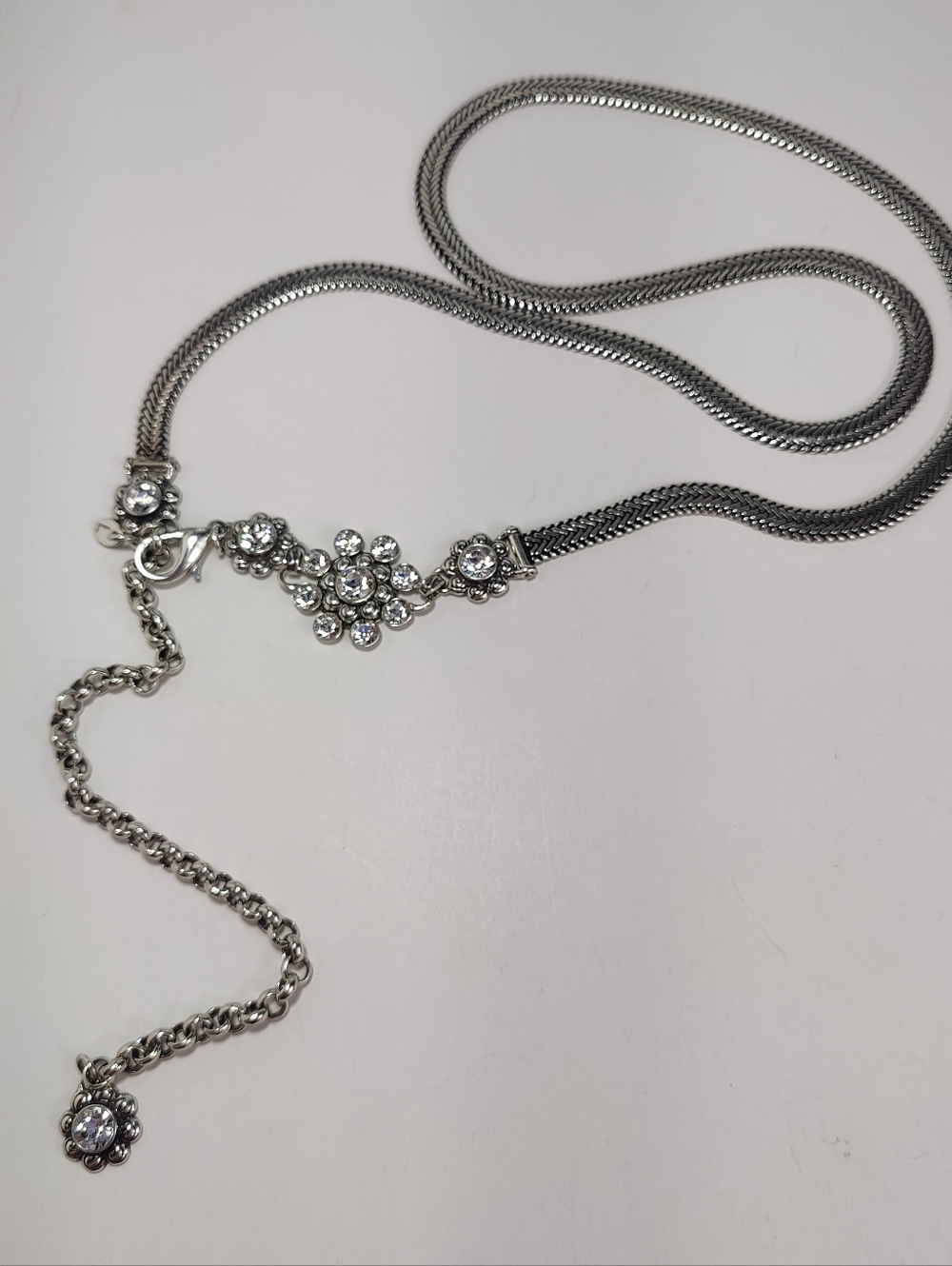 Silver Tone Mesh Chain Belt Rhinestone Crystal Floral Medallion L/XL 35-43.5"